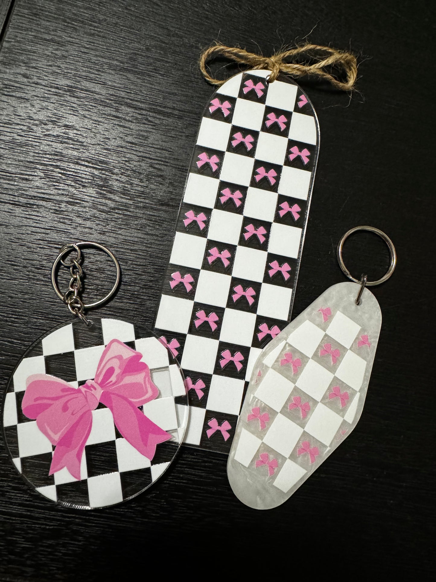 Checkered Bow Keychains & Bookmark Set
