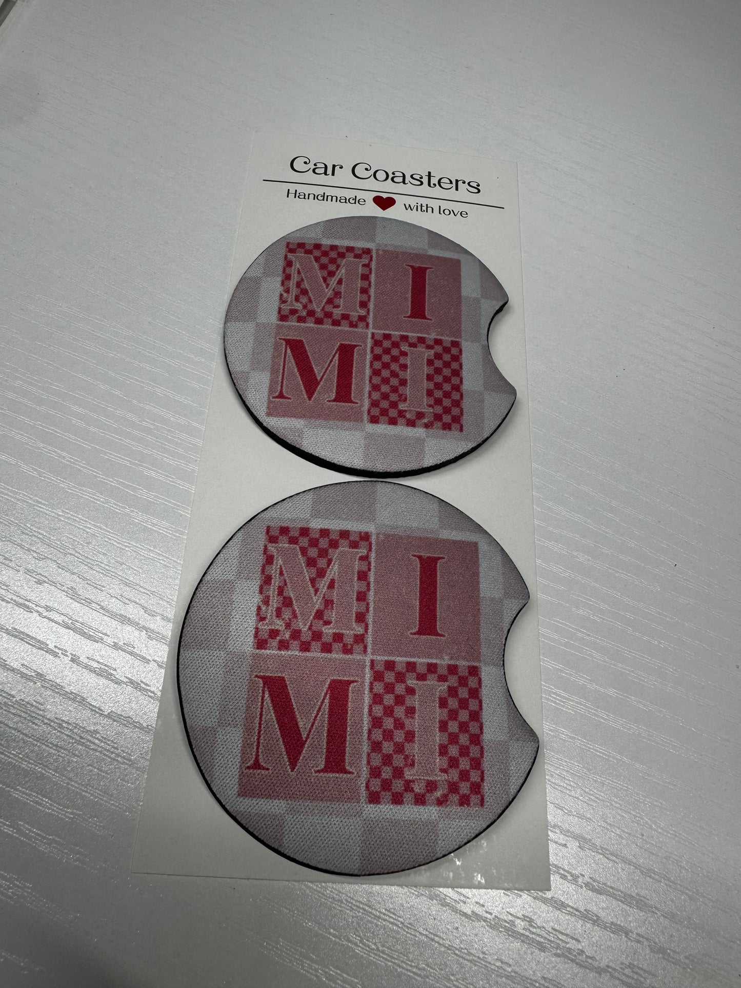 Mimi Pink Checkered Car Coasters