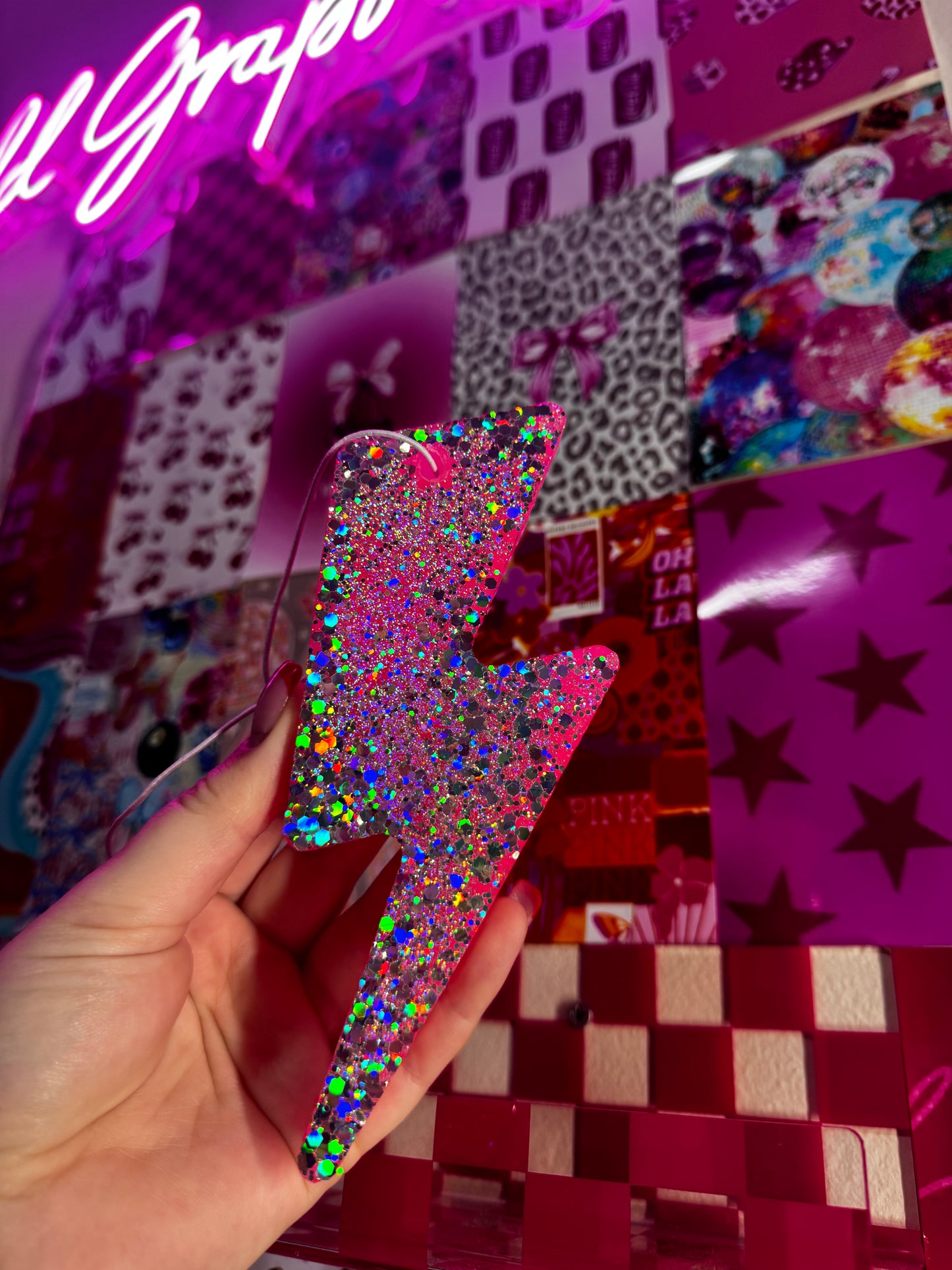 Pink Glitter Lightening Bolt Car Freshie