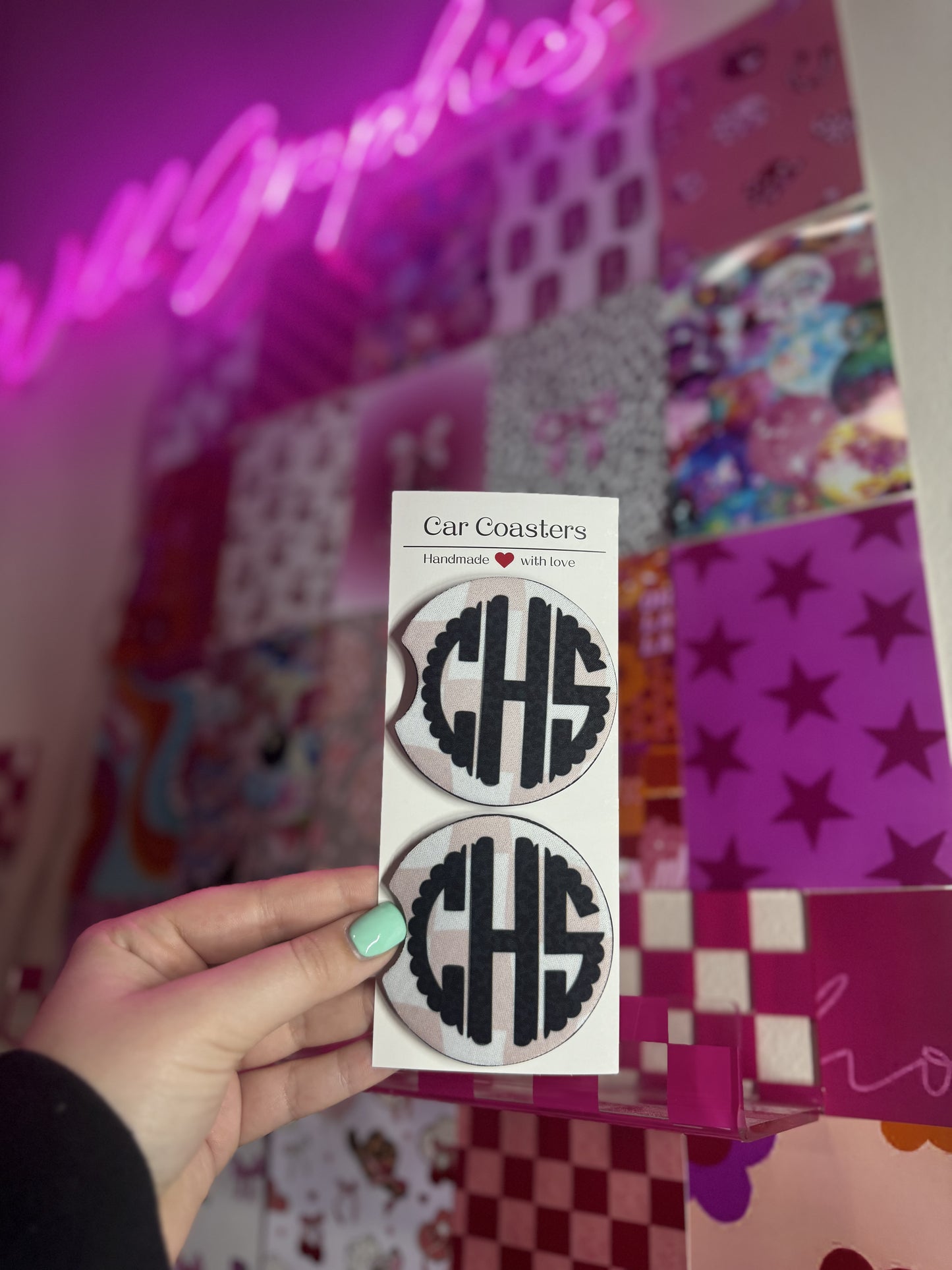 Black Cheetah Monogram Car Coasters