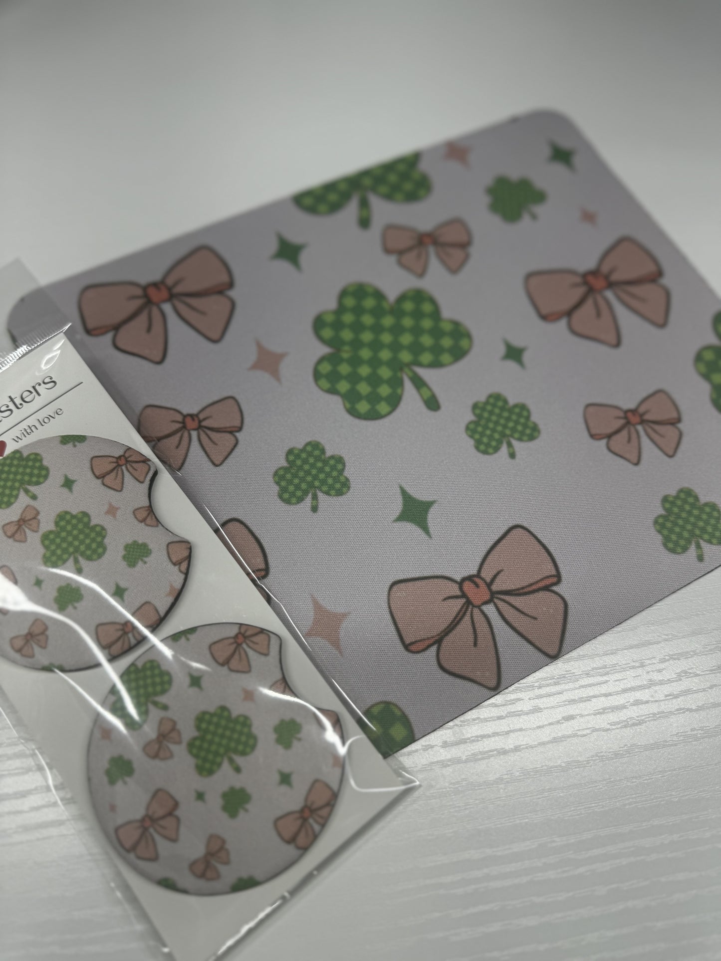 St Patrick Day Bows & Clovers Car Coaster & Mouse Pad Bundle