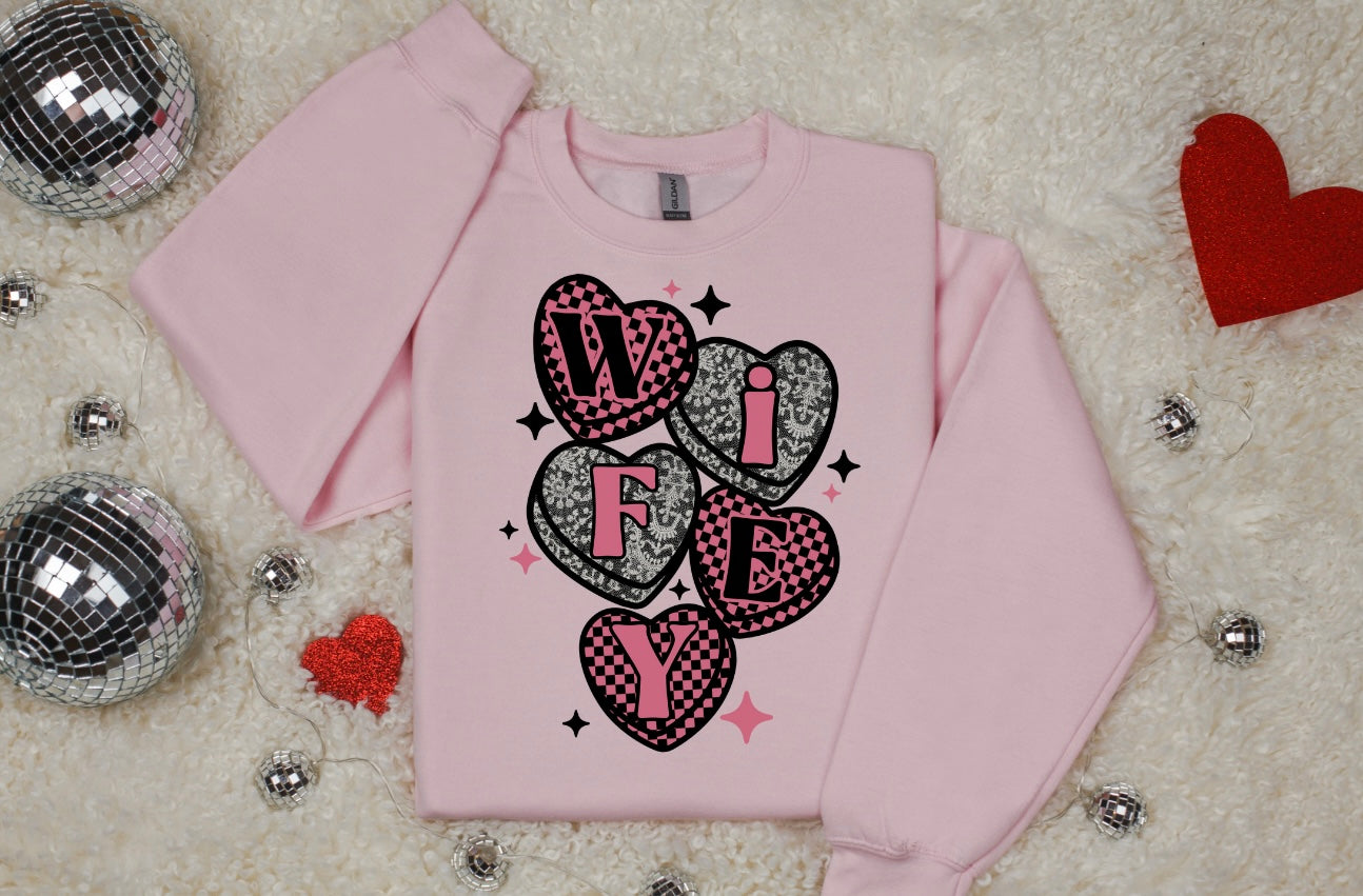 Wifey Pink Checkered & Floral Crewneck