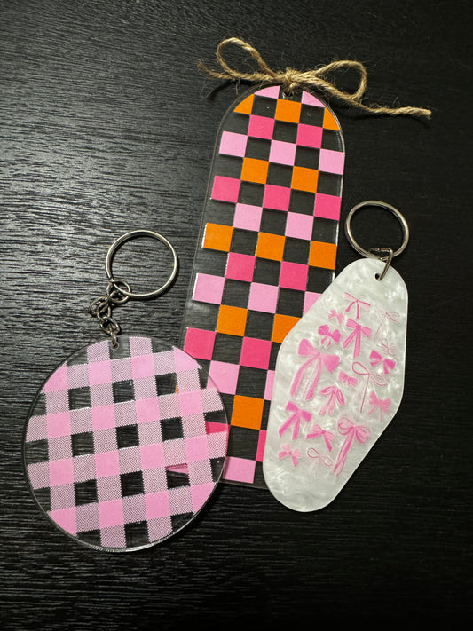 Pink Checkered Keychains & Bookmark Set