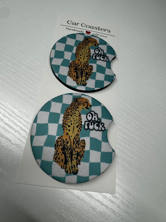 Teal Checkered & Cheetah Car Coasters