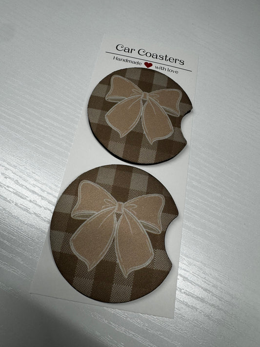 Tan Bows & Checkered Print Car Coasters