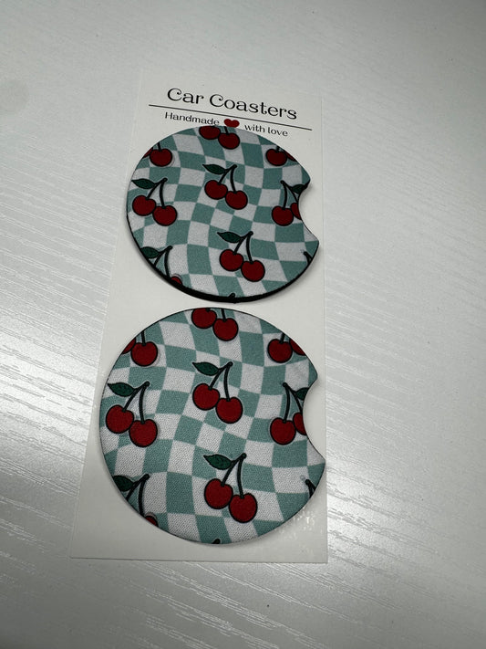 Teal Checkered & Cherries Car Coasters