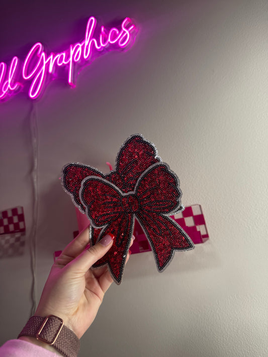 Red & Silver Bow Sequin Chenille Patch Crewneck