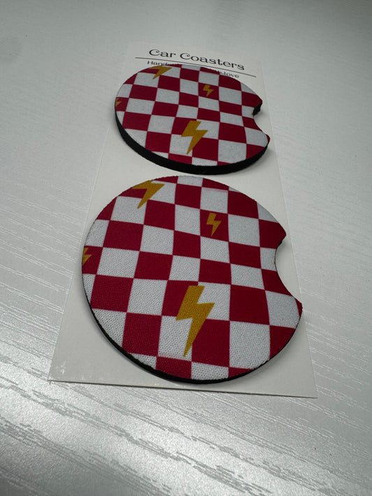 Pink Checkered Lightening Bolt Car Coasters