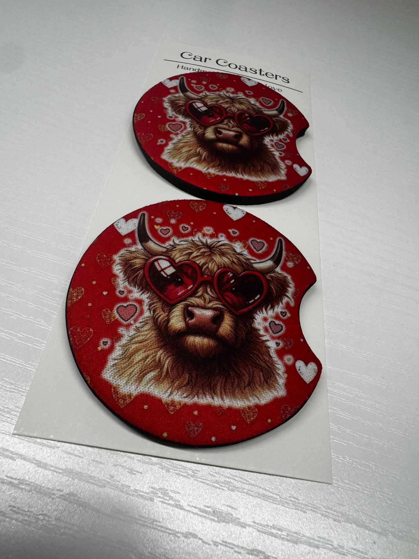 Valentine Highland Cow Car Coasters